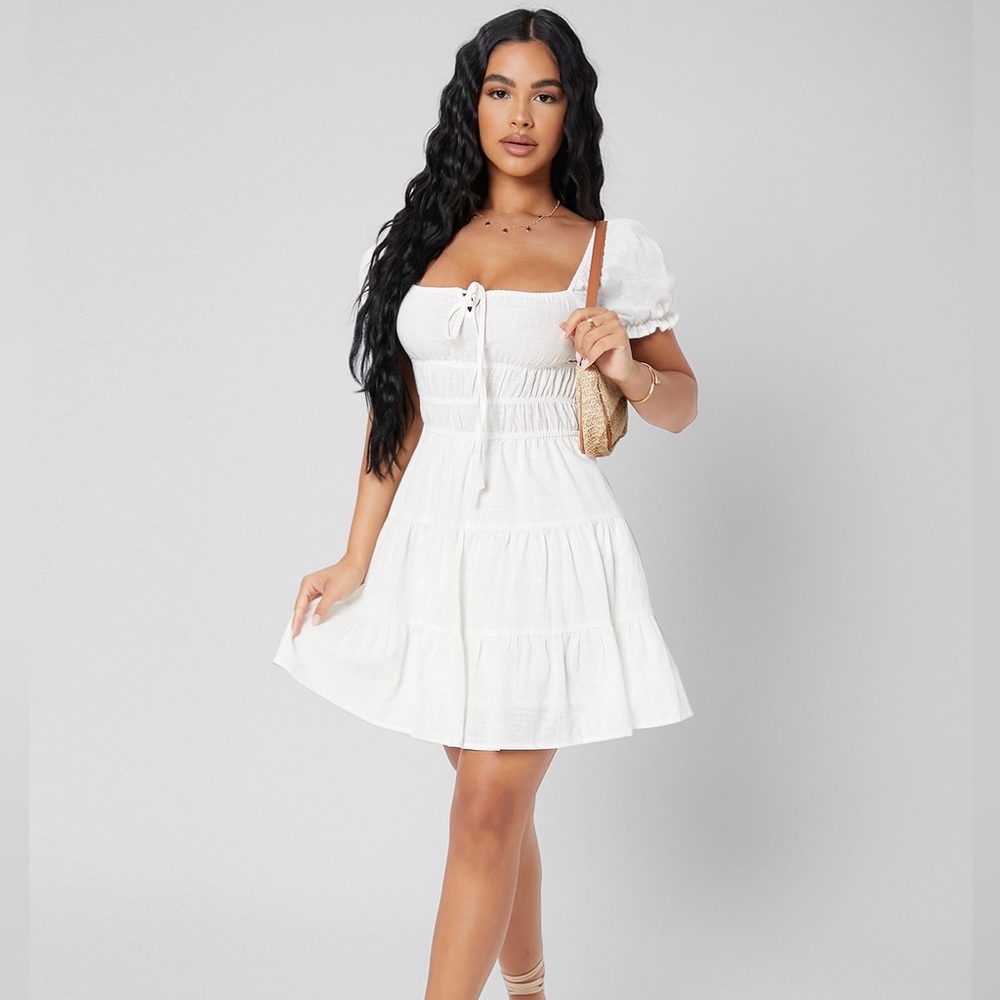 Petite Puff Sleeve Tie Front Ruffle Hem Dress